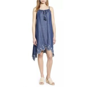Tommy Bahama Chambray Embroidered Hem Dress Size Medium‎ Blue Tencel $145 NWT